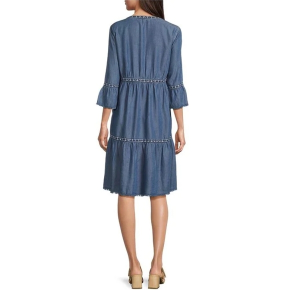 John Mark Embroidered Split V-Neck 3/4 Flounce Sleeve Tiered Dress - Picture 2 of 4